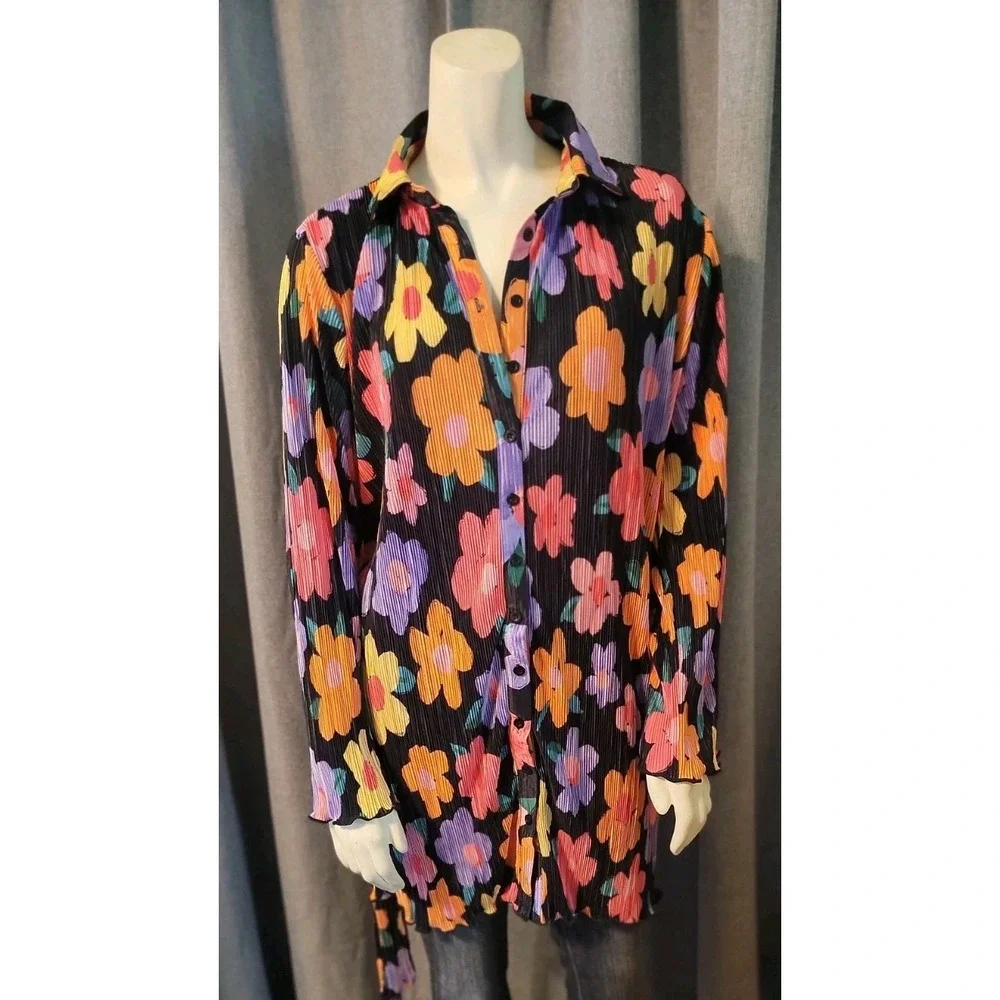 Peppermayo‎ Flower Power Colorful Bell Sleeve Blouse Crunch Pleat Sz 4 Hippie
